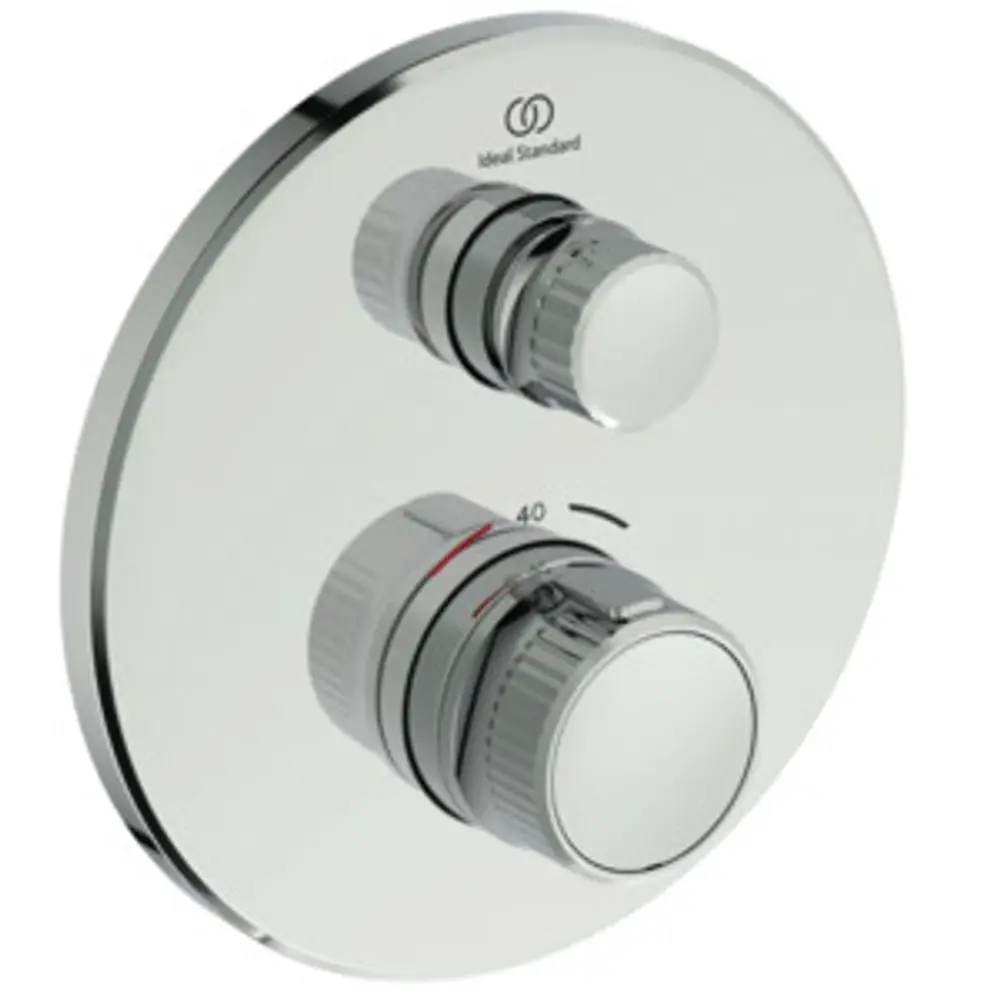 Brausethermostat von Ideal Standard mit zwei Steuerknöpfen auf runder, glänzender Oberfläche zur Temperatur- und Durchflussregulierung.